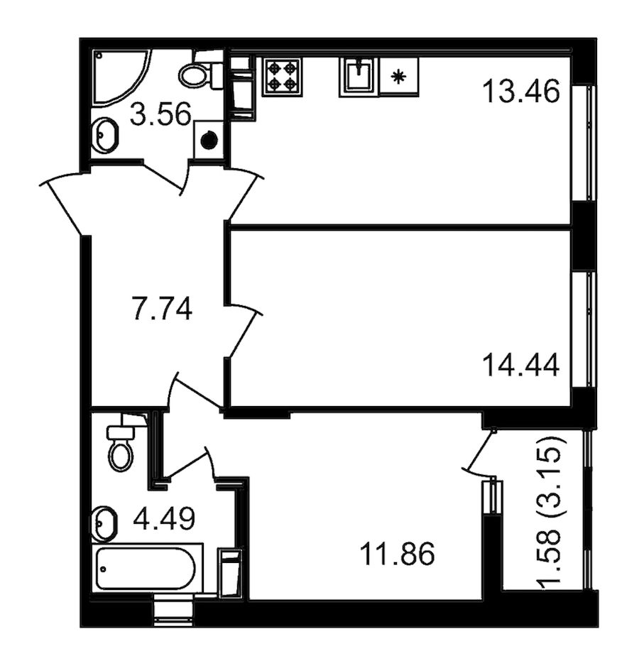 2-комнатная квартира 58.7 м², 14/14 эт., ЖК «Чёрная речка(Nordest)»